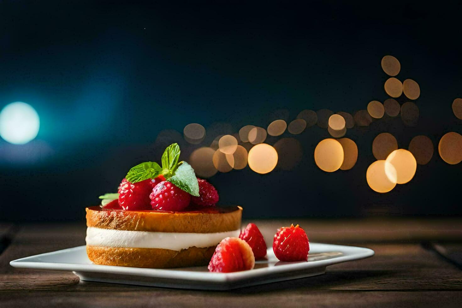 une dessert avec framboises et crème sur une blanc plaque. généré par ai photo