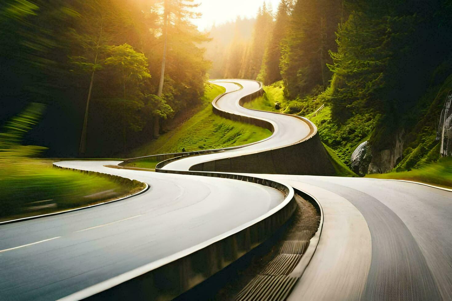 une enroulement route dans le montagnes avec des arbres et Soleil. généré par ai photo