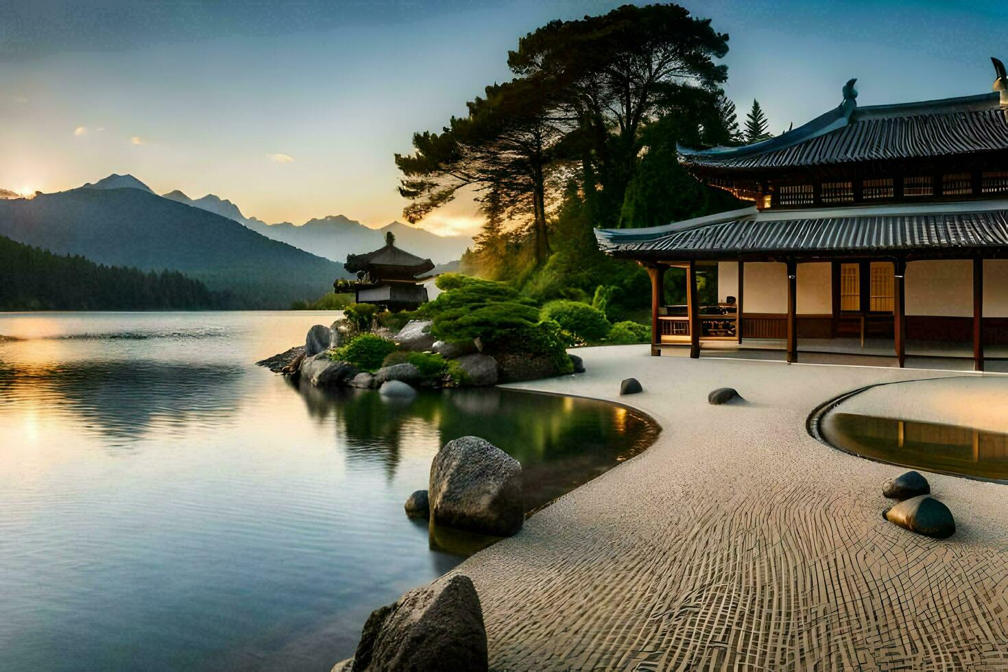 une Japonais style maison sur le rive de une lac. généré par ai photo