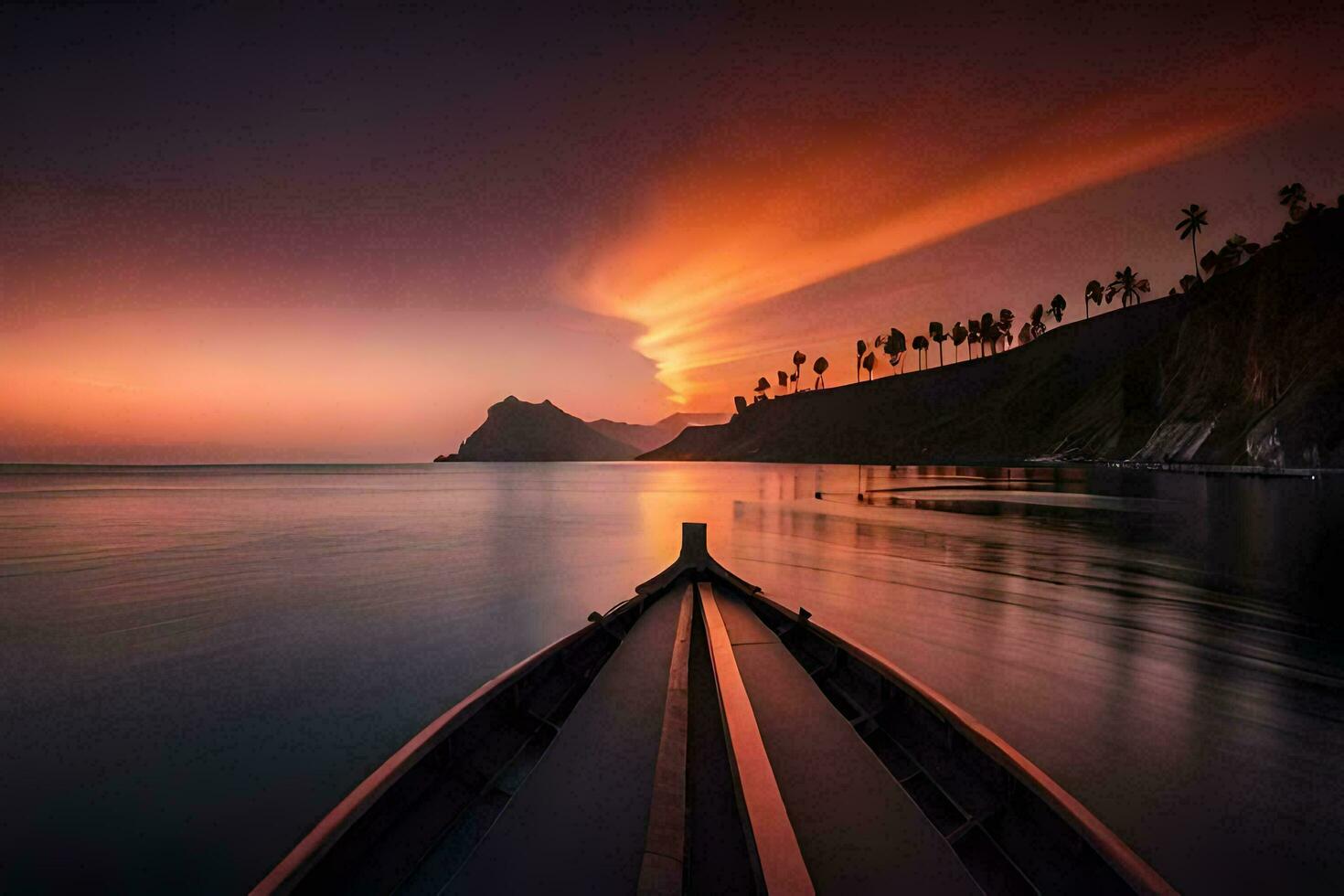 une bateau est dans le l'eau à le coucher du soleil. généré par ai photo