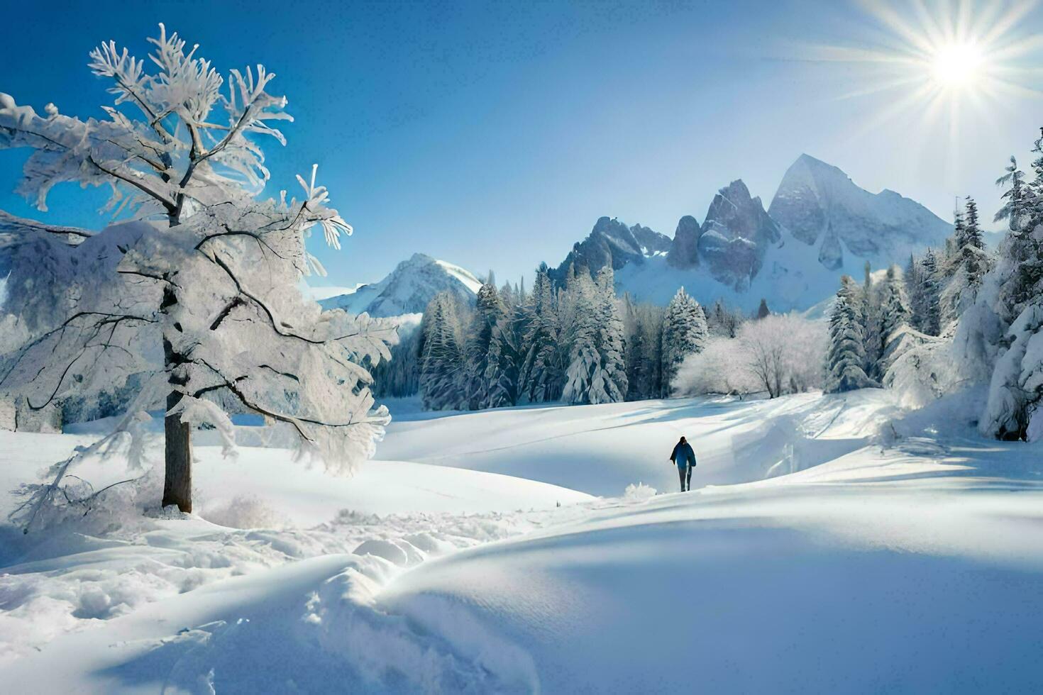 une la personne en marchant par une neigeux champ. généré par ai photo