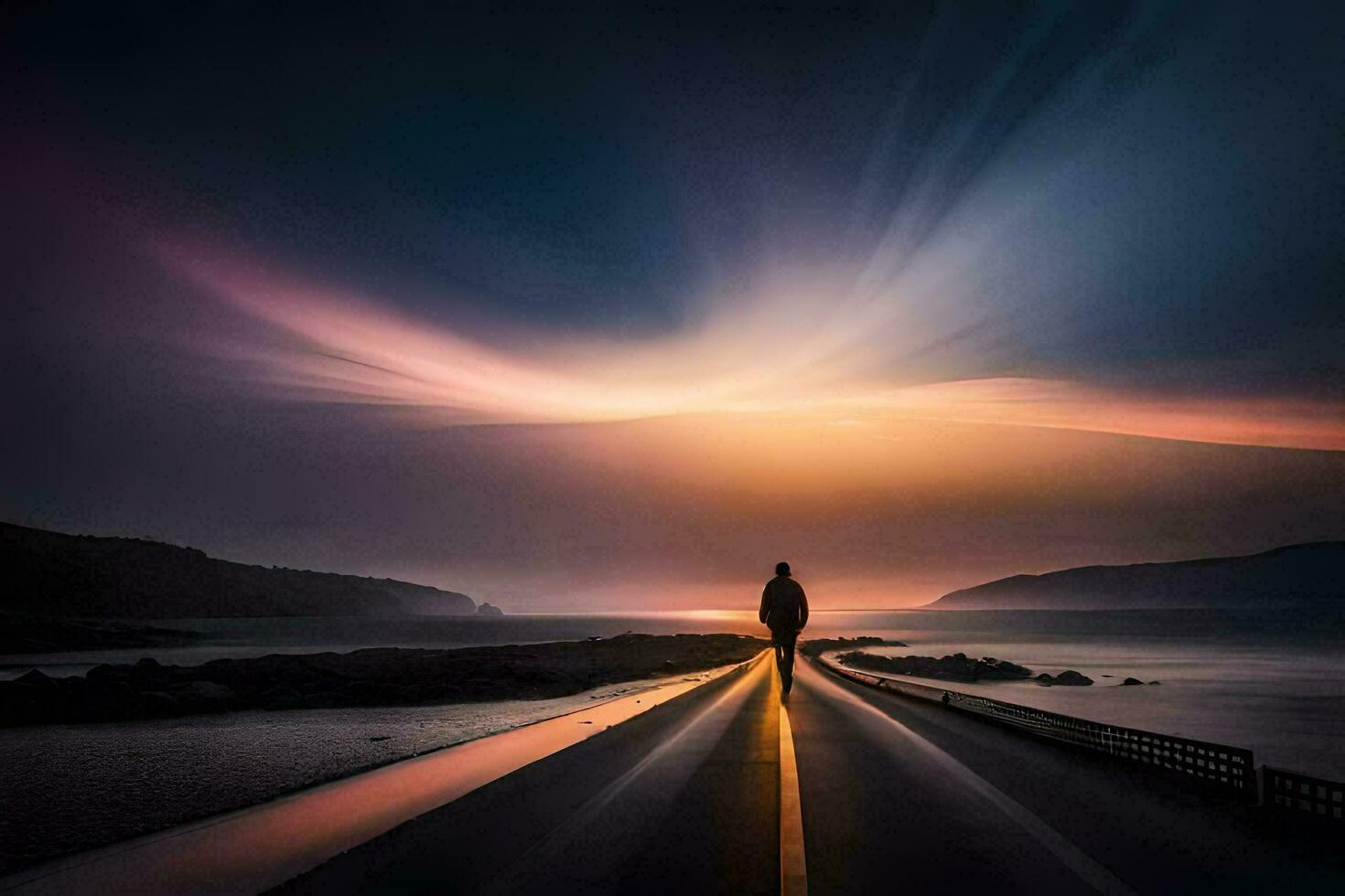 une homme permanent sur le route à le coucher du soleil. généré par ai photo