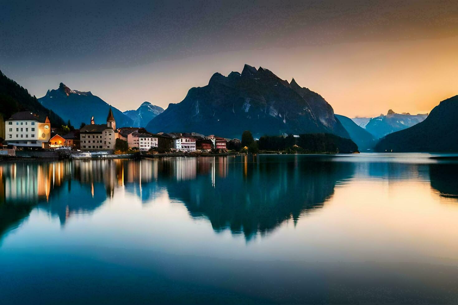 le Soleil ensembles plus de le montagnes et lac. généré par ai photo