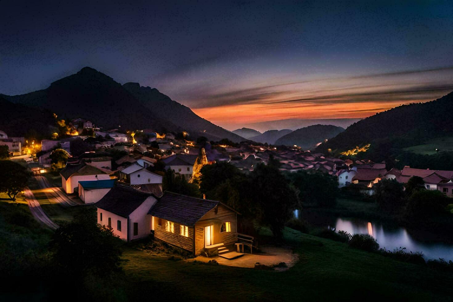 photo fond d'écran le ciel, montagnes, village, nuit, lumière, le ciel, le montagnes,. généré par ai