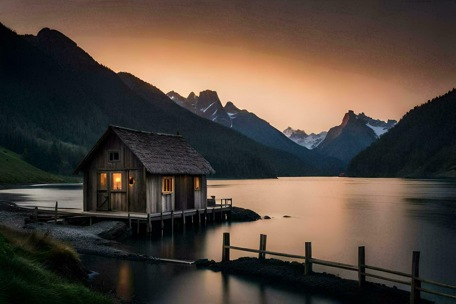 une petit cabine est assis sur le rive de une Lac à le coucher du soleil. généré par ai photo