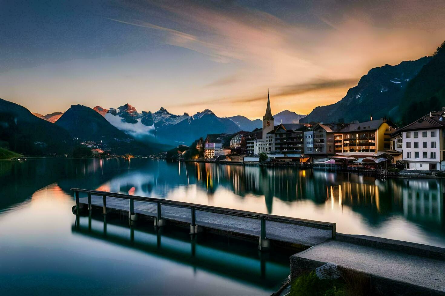 une Lac et une Dock dans le montagnes à le coucher du soleil. généré par ai photo