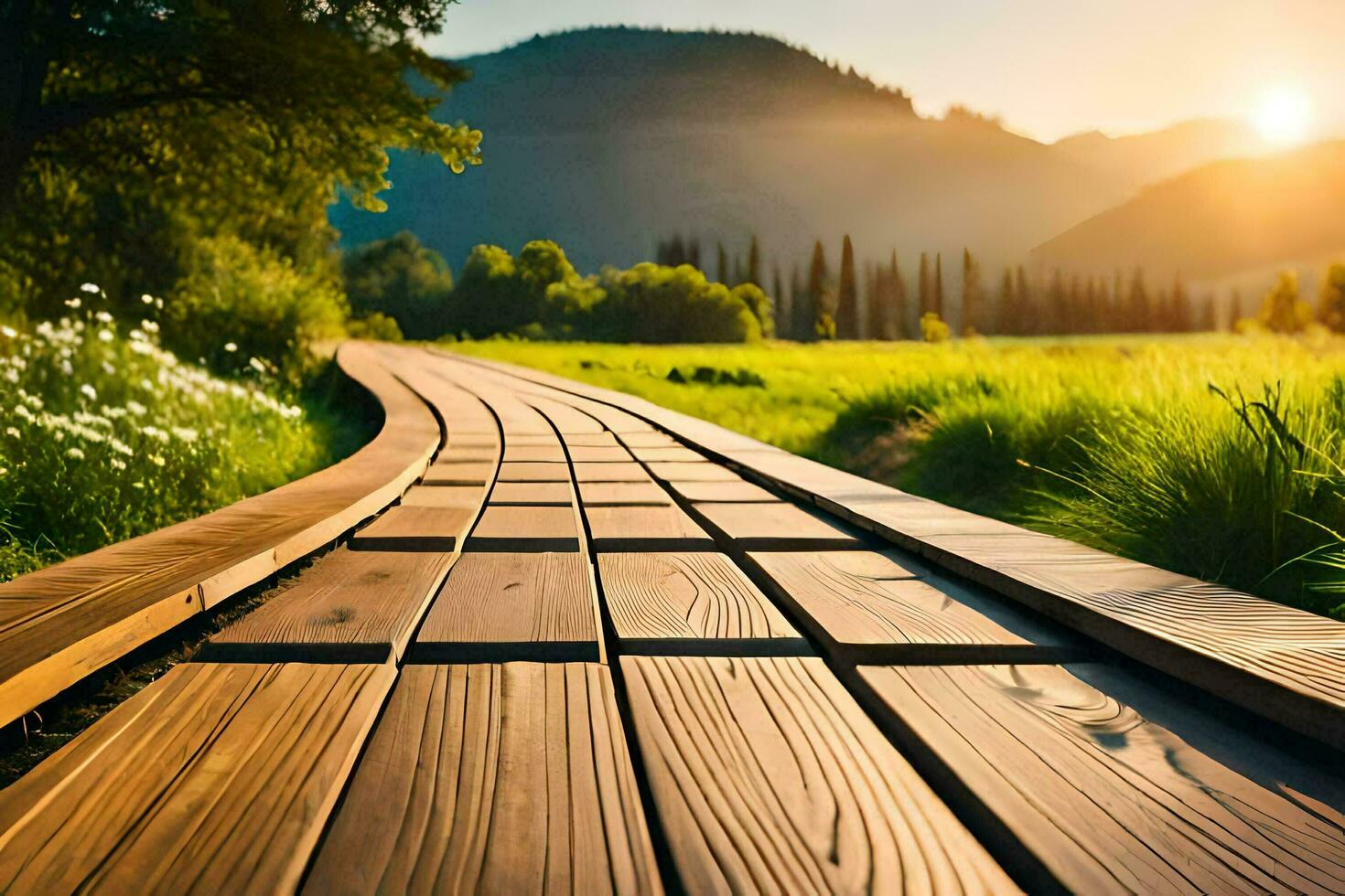 une en bois chemin pistes à le Soleil dans le distance. généré par ai photo