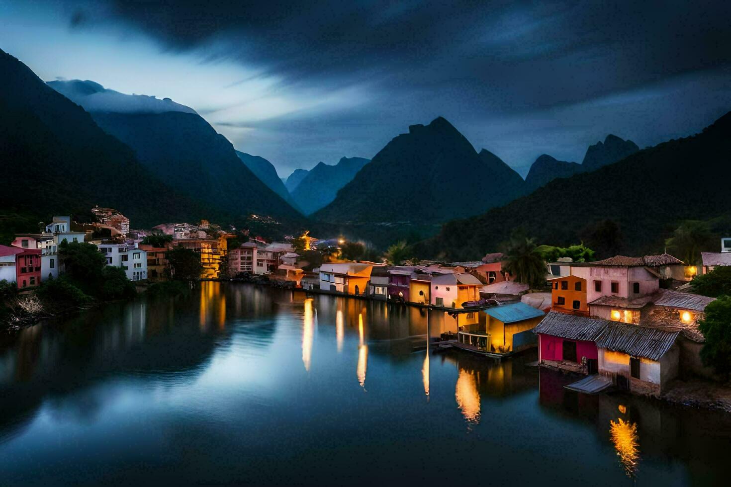 le village de li rivière dans Chine. généré par ai photo