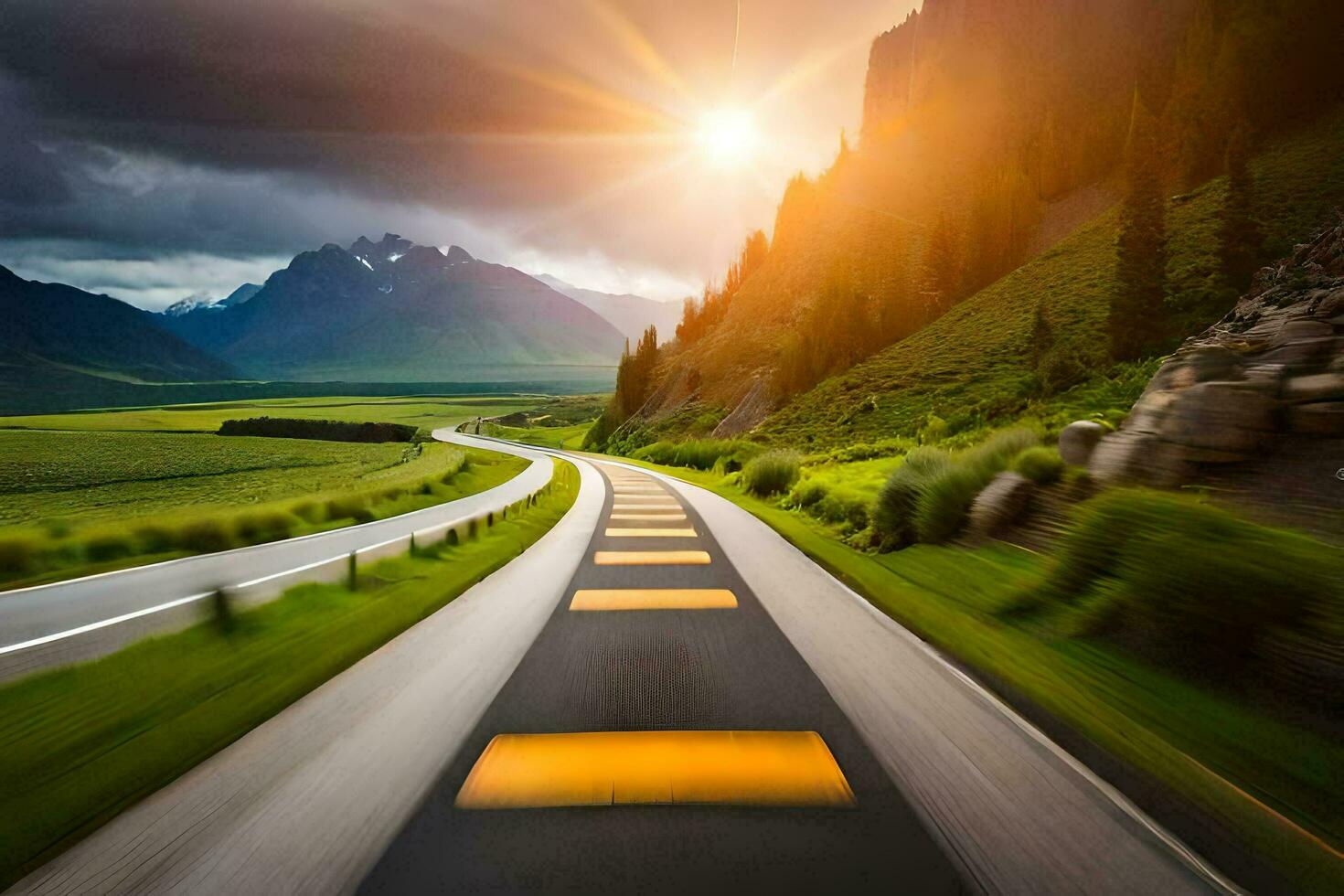 une longue route avec une Jaune ligne sur il. généré par ai photo