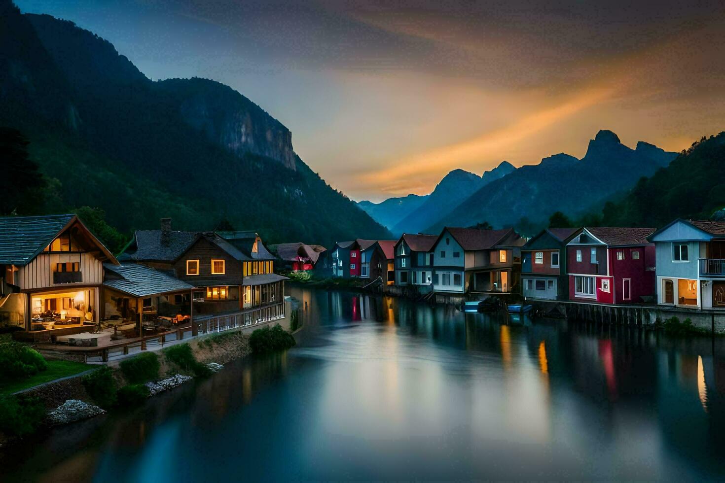 photo fond d'écran le ciel, montagnes, eau, Maisons, rivière, coucher de soleil, montagnes, eau,. généré par ai