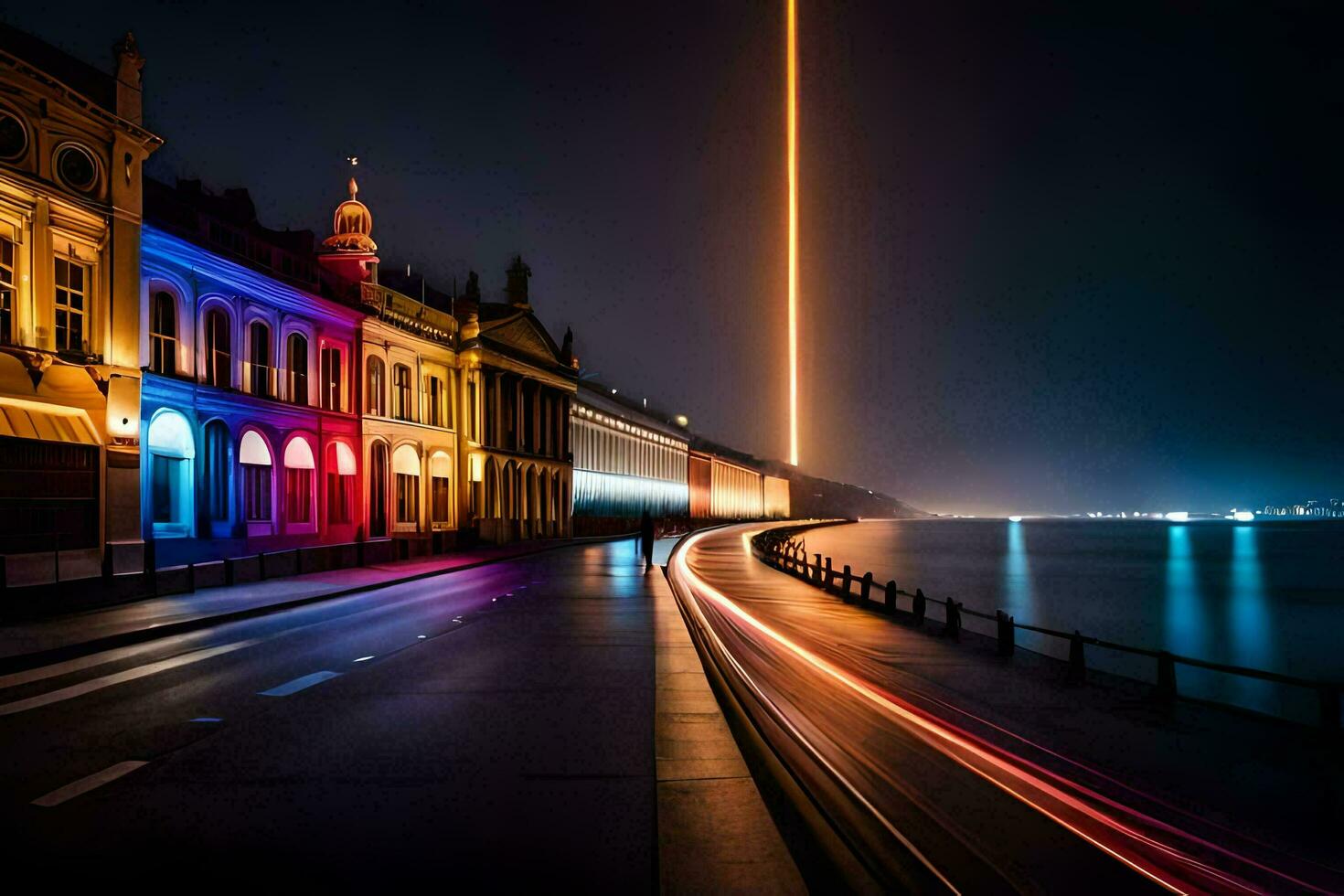 une longue exposition photo de une ville rue à nuit. généré par ai