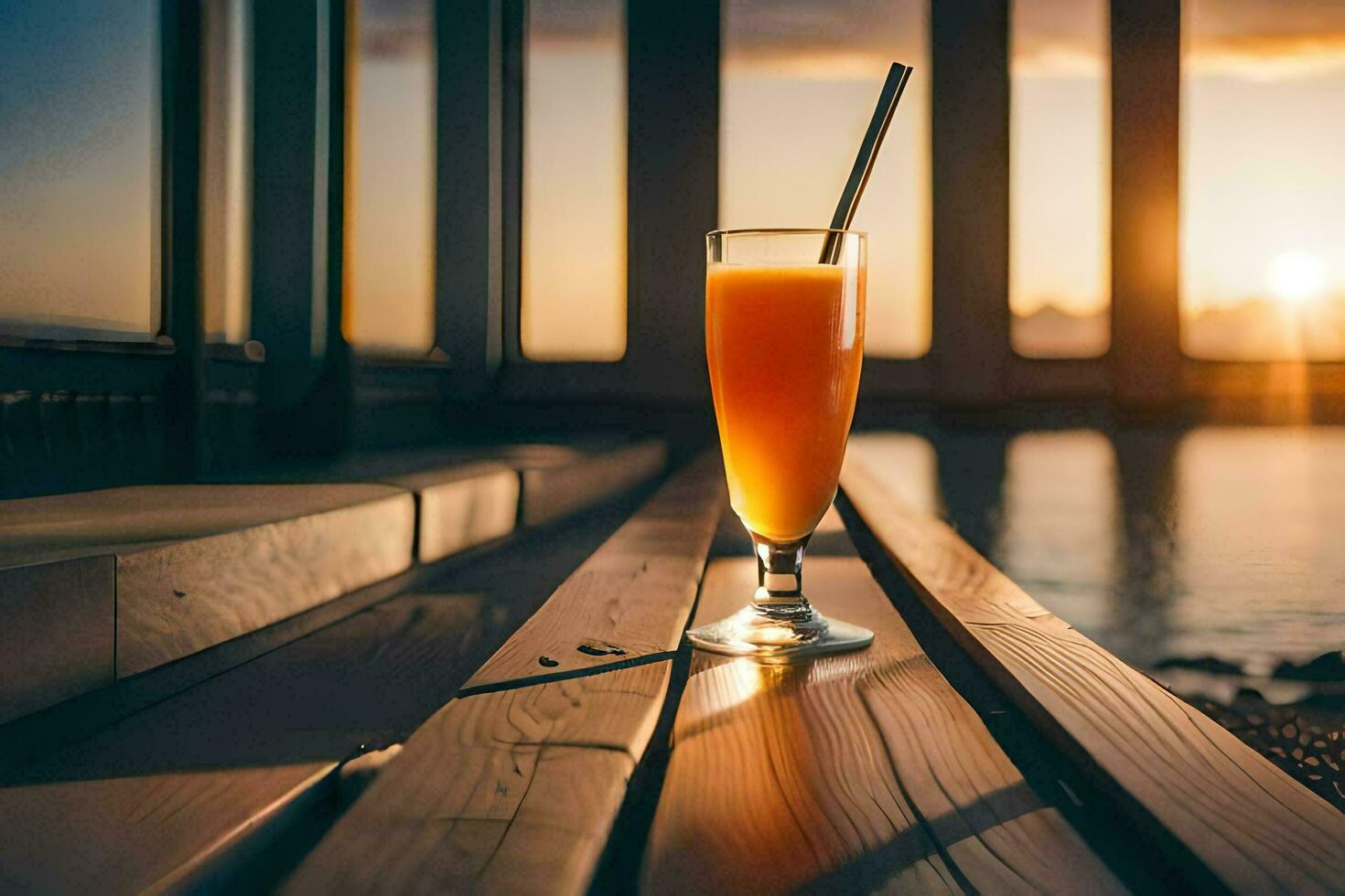 une verre de Orange jus sur une en bois tableau. généré par ai photo