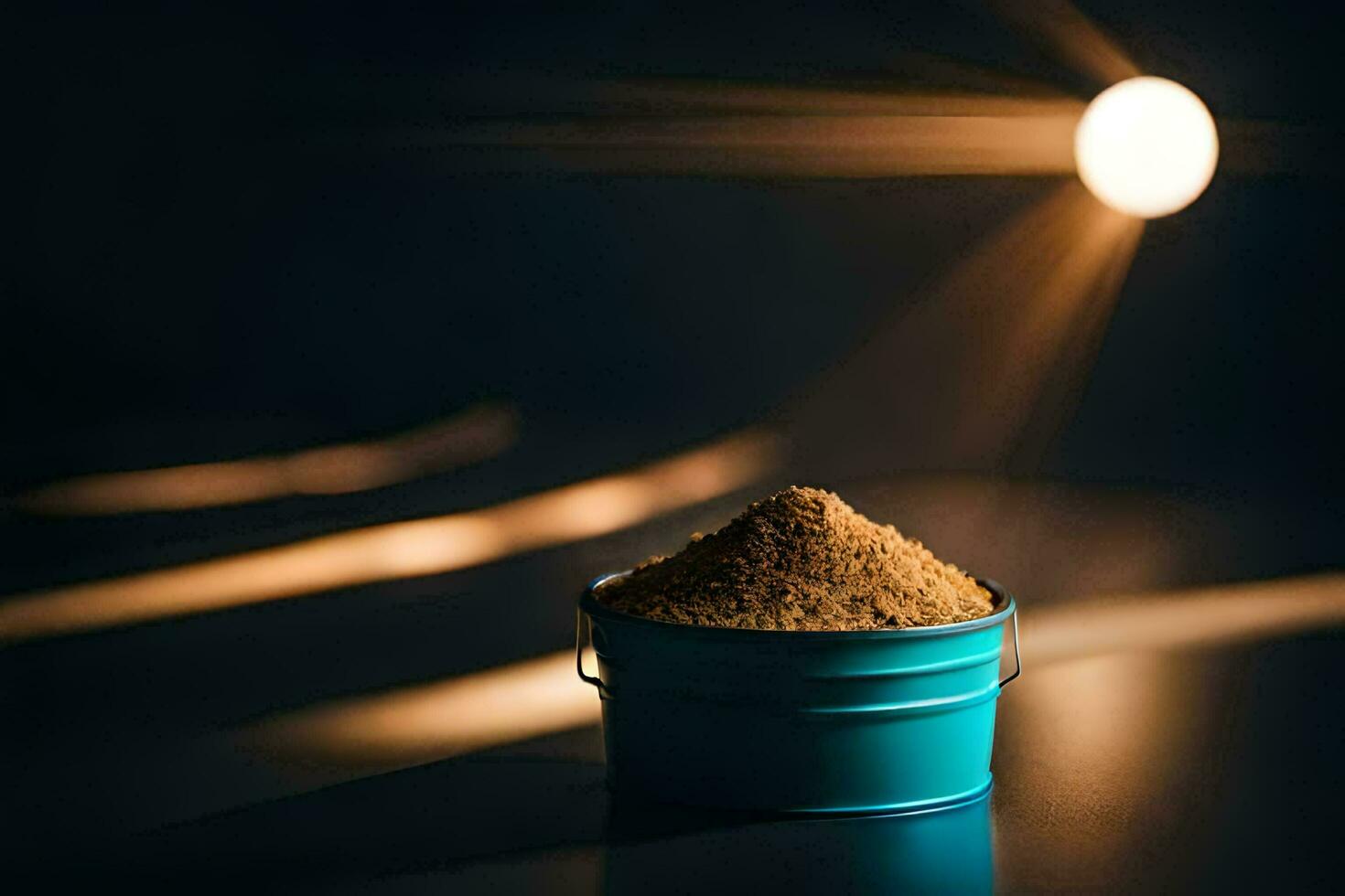 une seau de le sable sur une table dans de face de une lumière. généré par ai photo