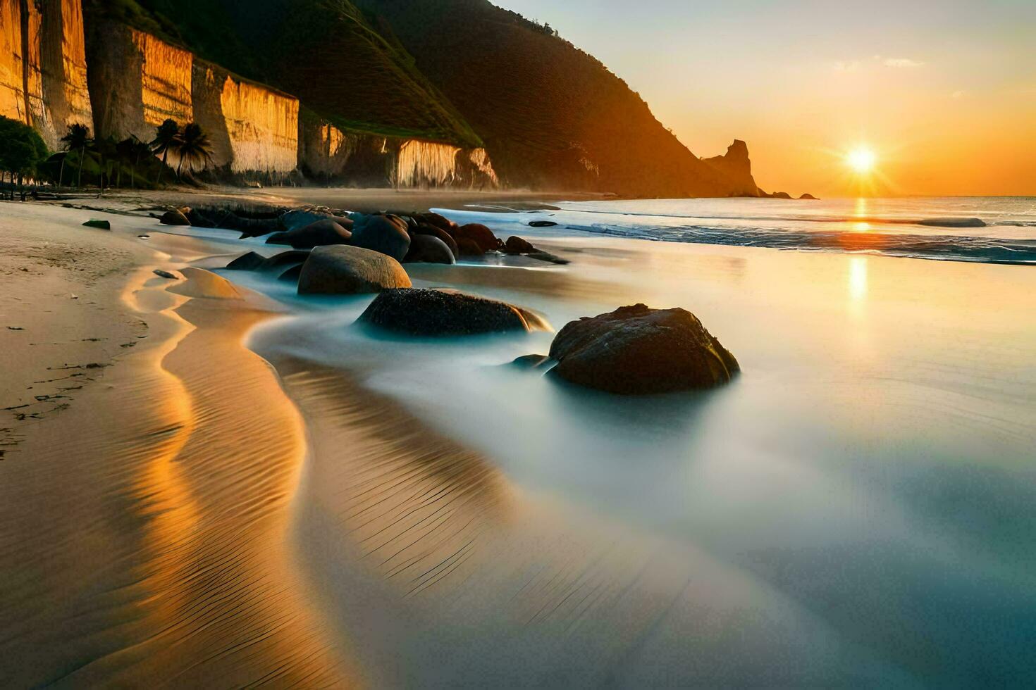le Soleil ensembles plus de le océan et rochers sur le plage. généré par ai photo