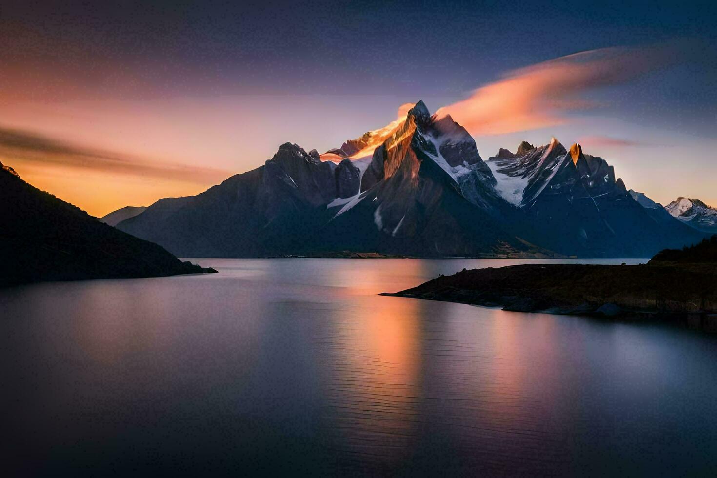 le montagnes sont réfléchi dans le l'eau à le coucher du soleil. généré par ai photo