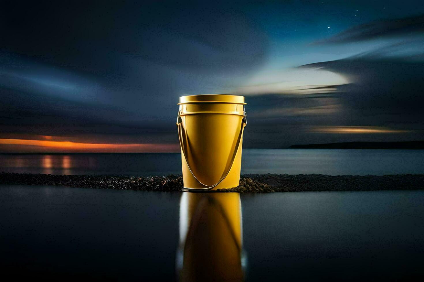 une d'or tasse séance sur le plage à nuit. généré par ai photo