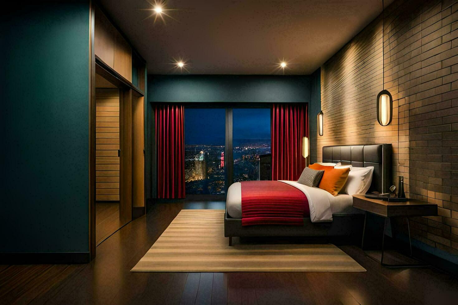 une chambre avec une vue de le ville et une lit. généré par ai photo