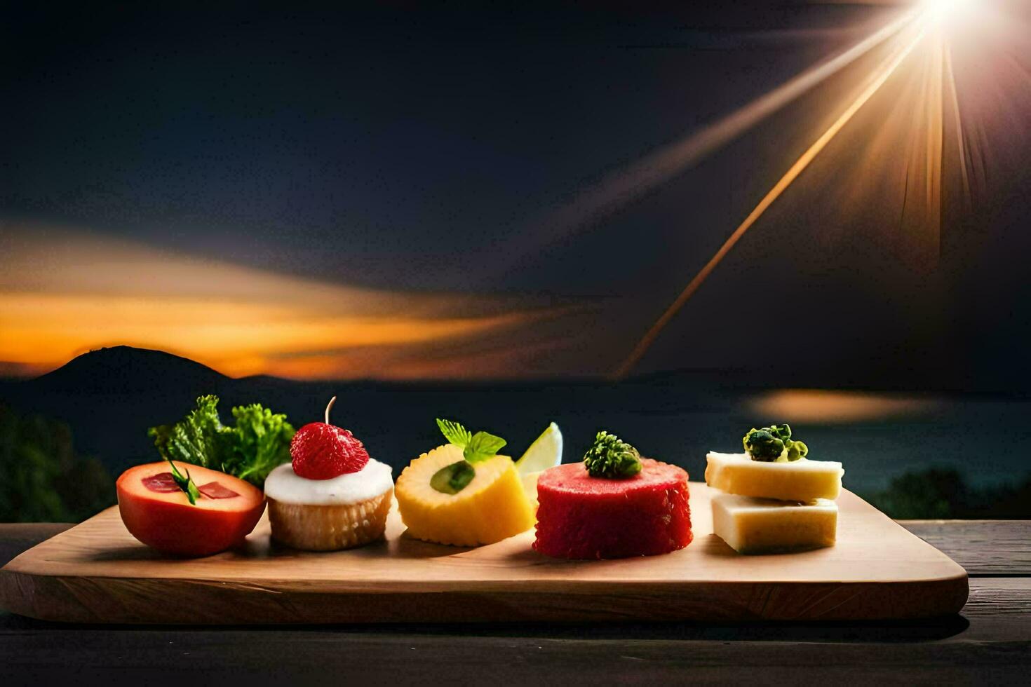 photo fond d'écran le ciel, coucher de soleil, le mer, nourriture, fruit, le mer, nourriture,. généré par ai