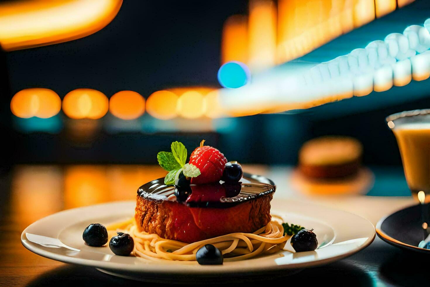 une dessert sur une assiette avec une boisson dans le Contexte. généré par ai photo