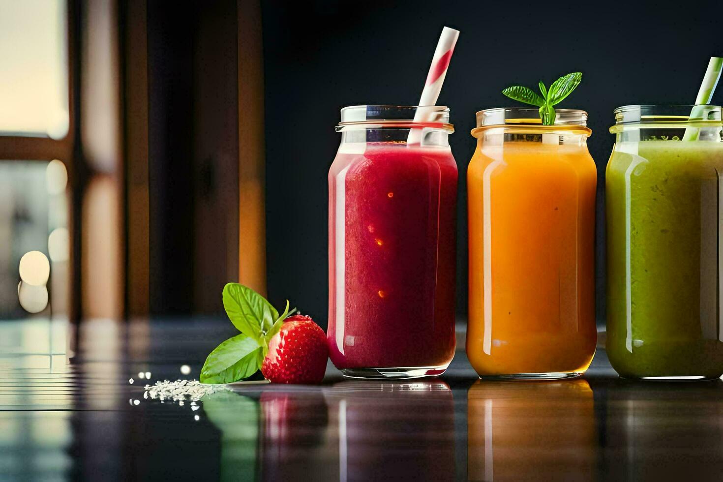 Trois différent les types de smoothies dans verre bocaux. généré par ai photo