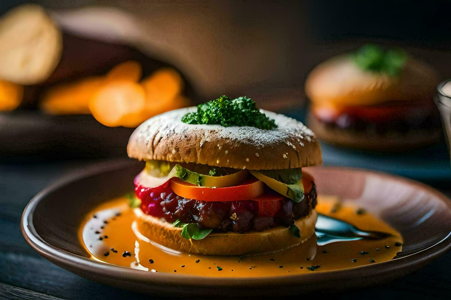 une Burger avec des légumes et sauce sur une plaque. généré par ai photo