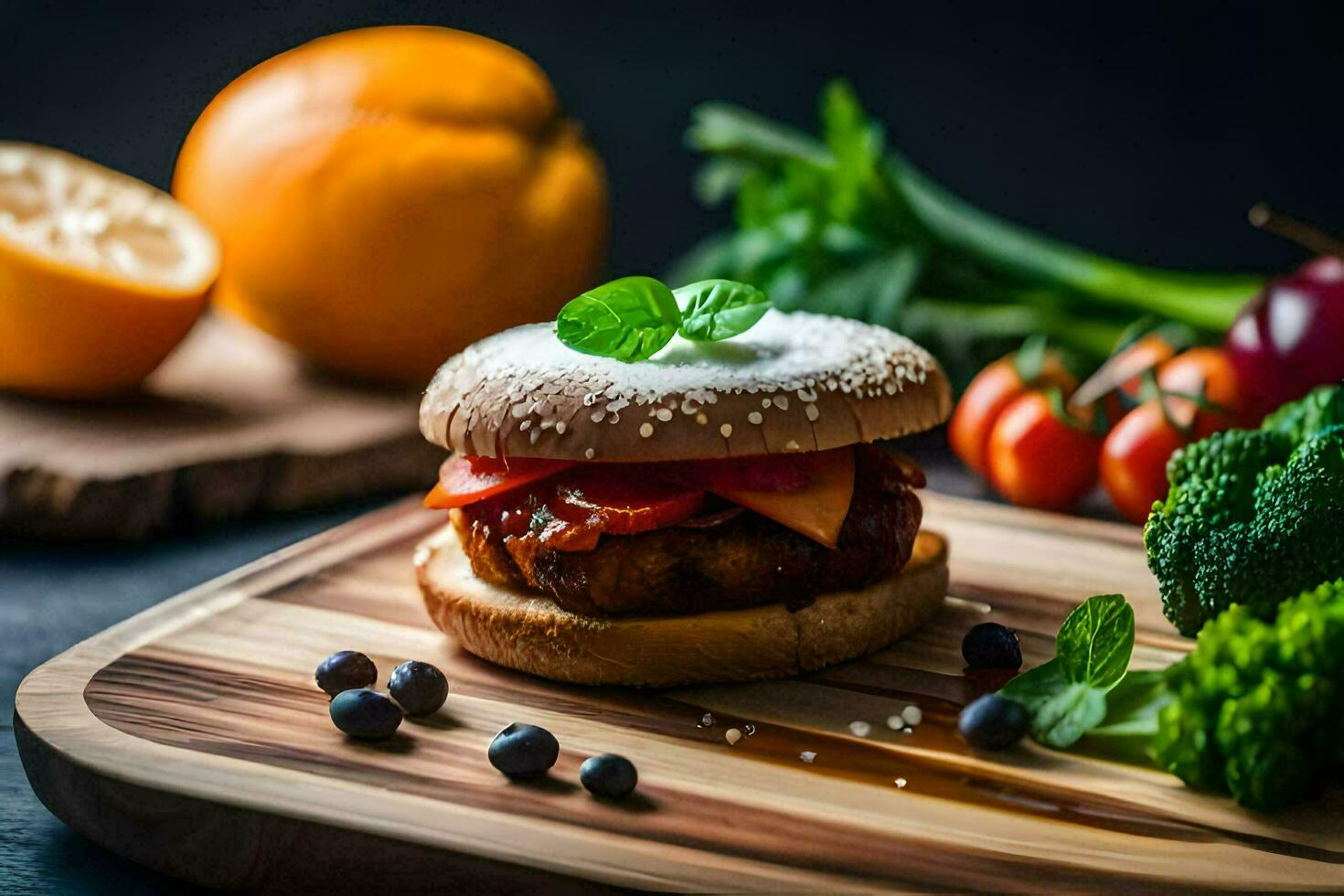 une Hamburger avec des légumes et fruit sur une Coupe planche. généré par ai photo