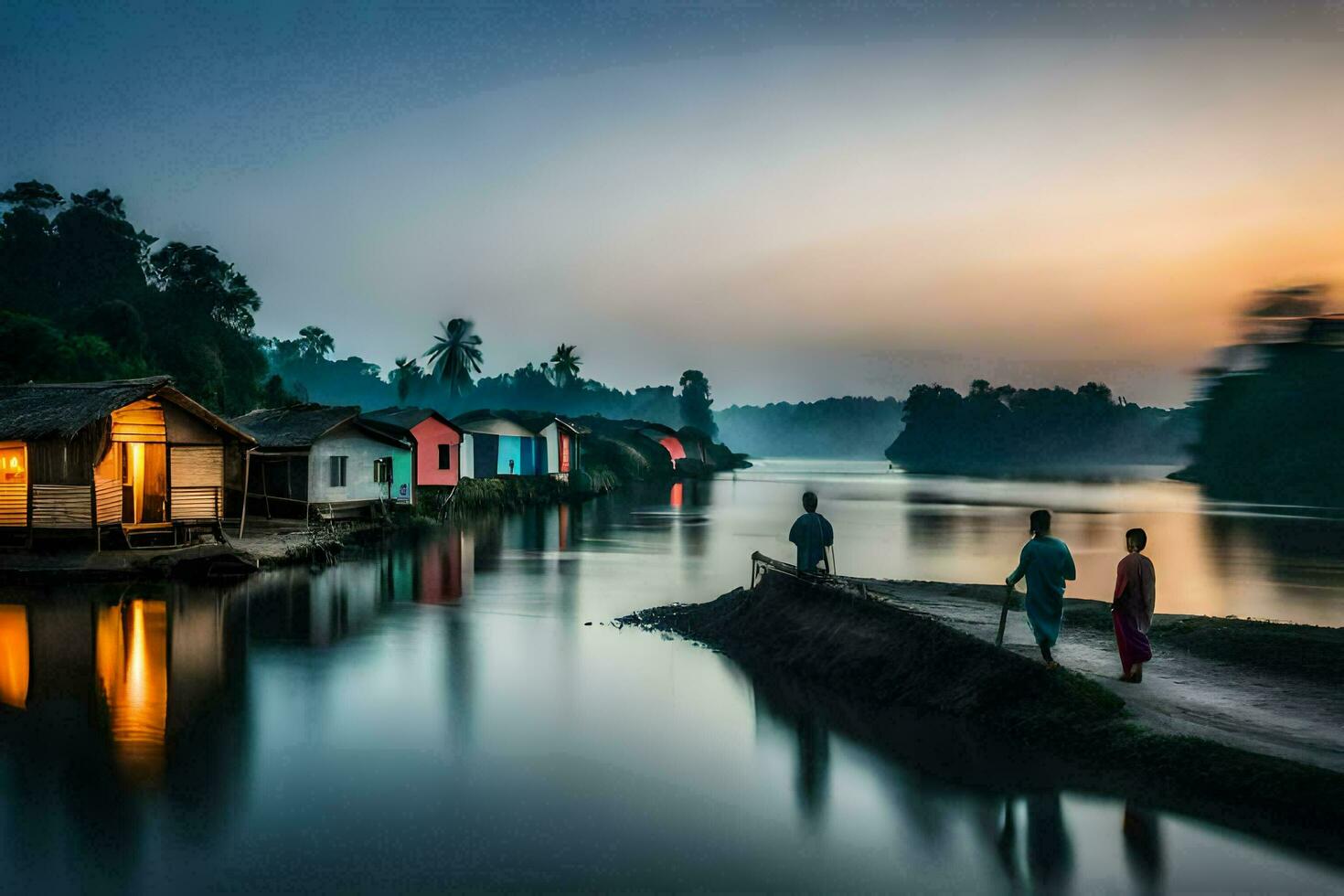 gens marcher le long de le rive de une rivière à le coucher du soleil. généré par ai photo