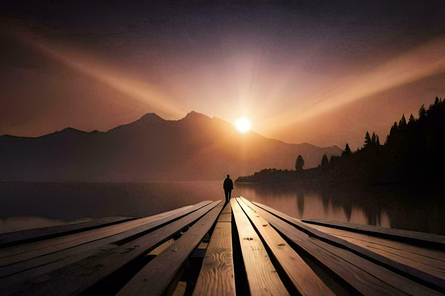 une homme des stands sur une Dock à la recherche à le Soleil. généré par ai photo