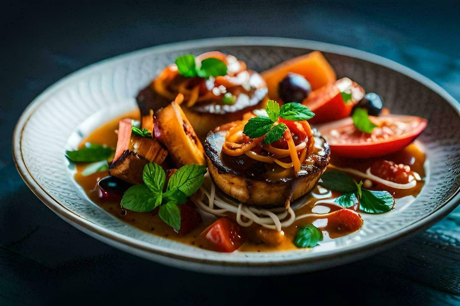 une assiette de nourriture avec des légumes et Viande. généré par ai photo