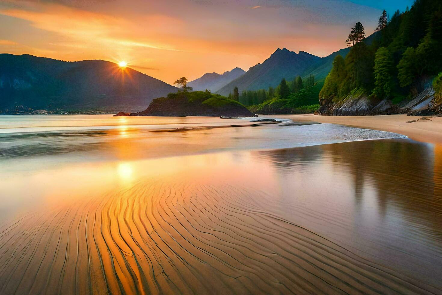 le Soleil ensembles plus de une plage et montagnes. généré par ai photo