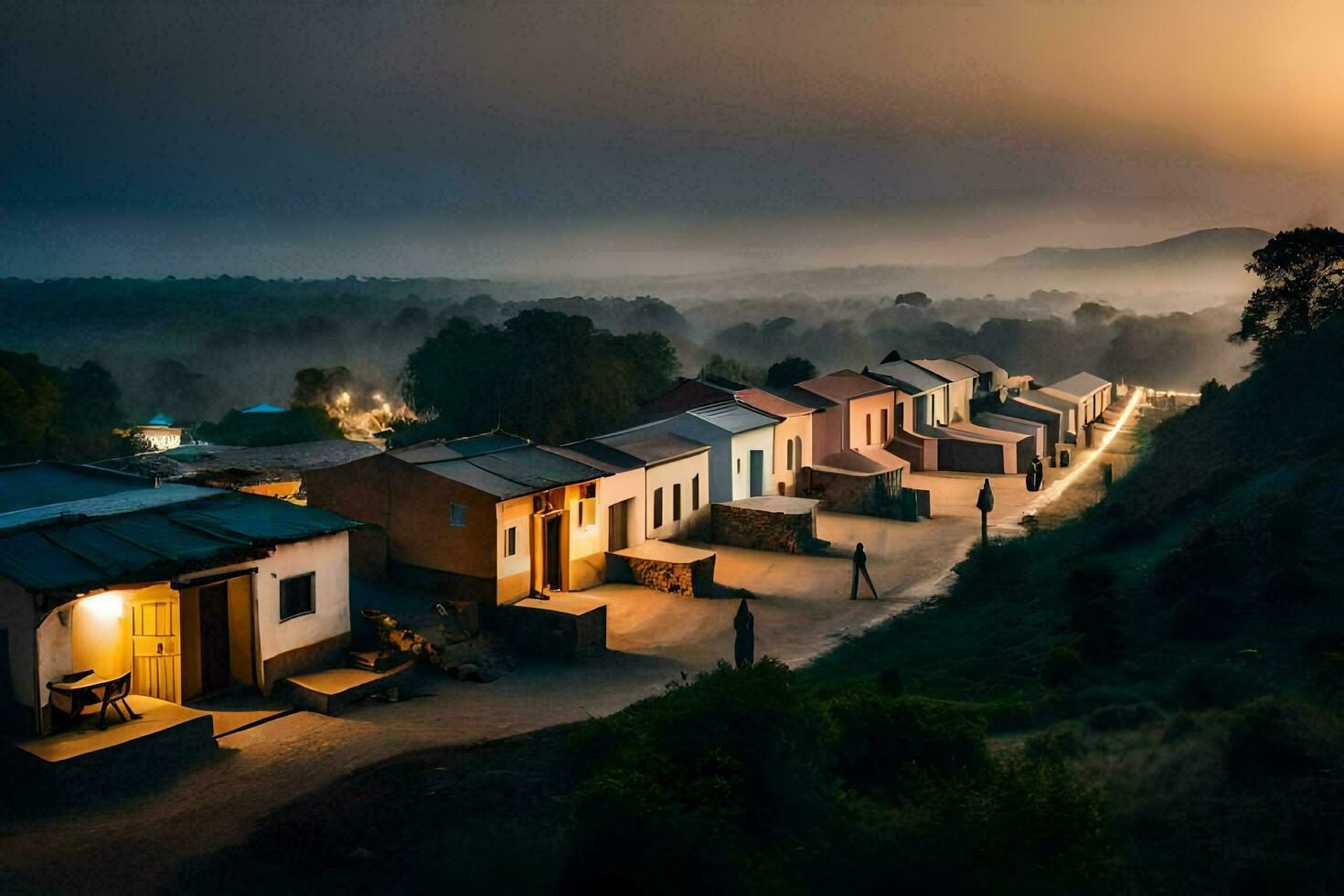 une village à crépuscule avec Maisons sur le flanc de coteau. généré par ai photo