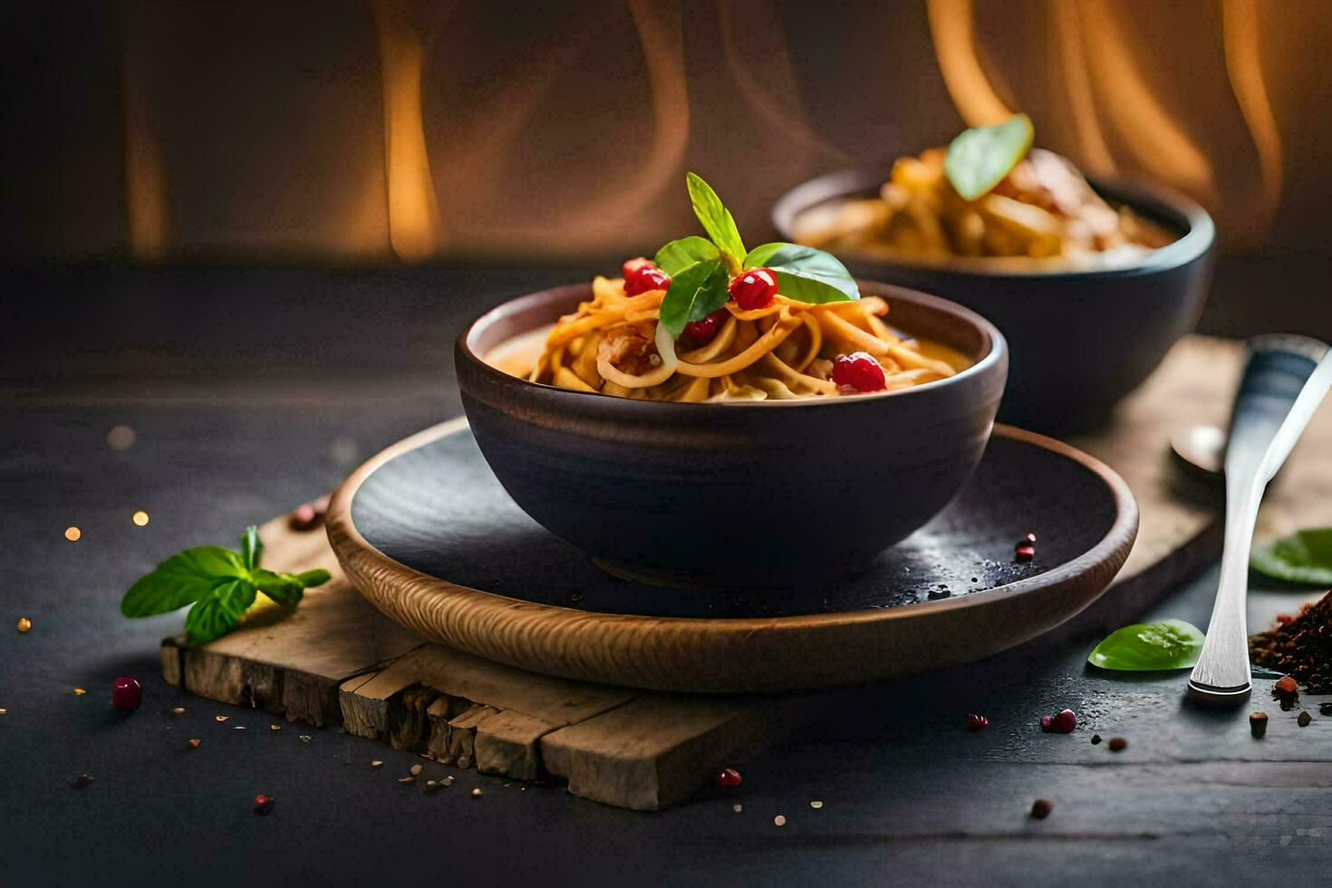 spaghetti avec Viande et des légumes dans une bol sur une en bois tableau. généré par ai photo