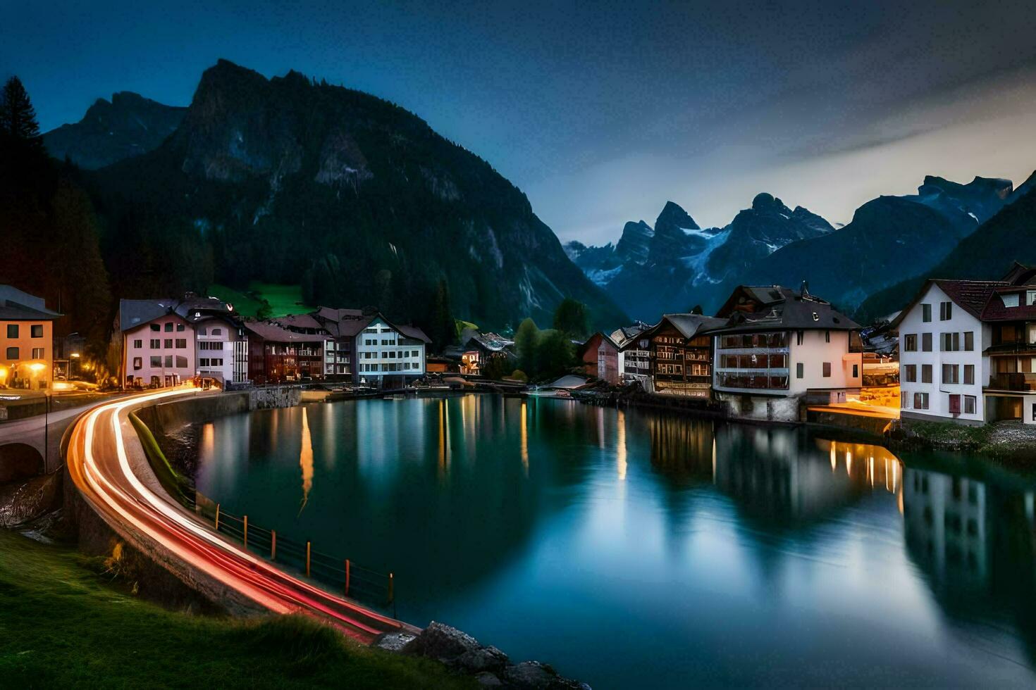 une rivière court par une ville à nuit. généré par ai photo