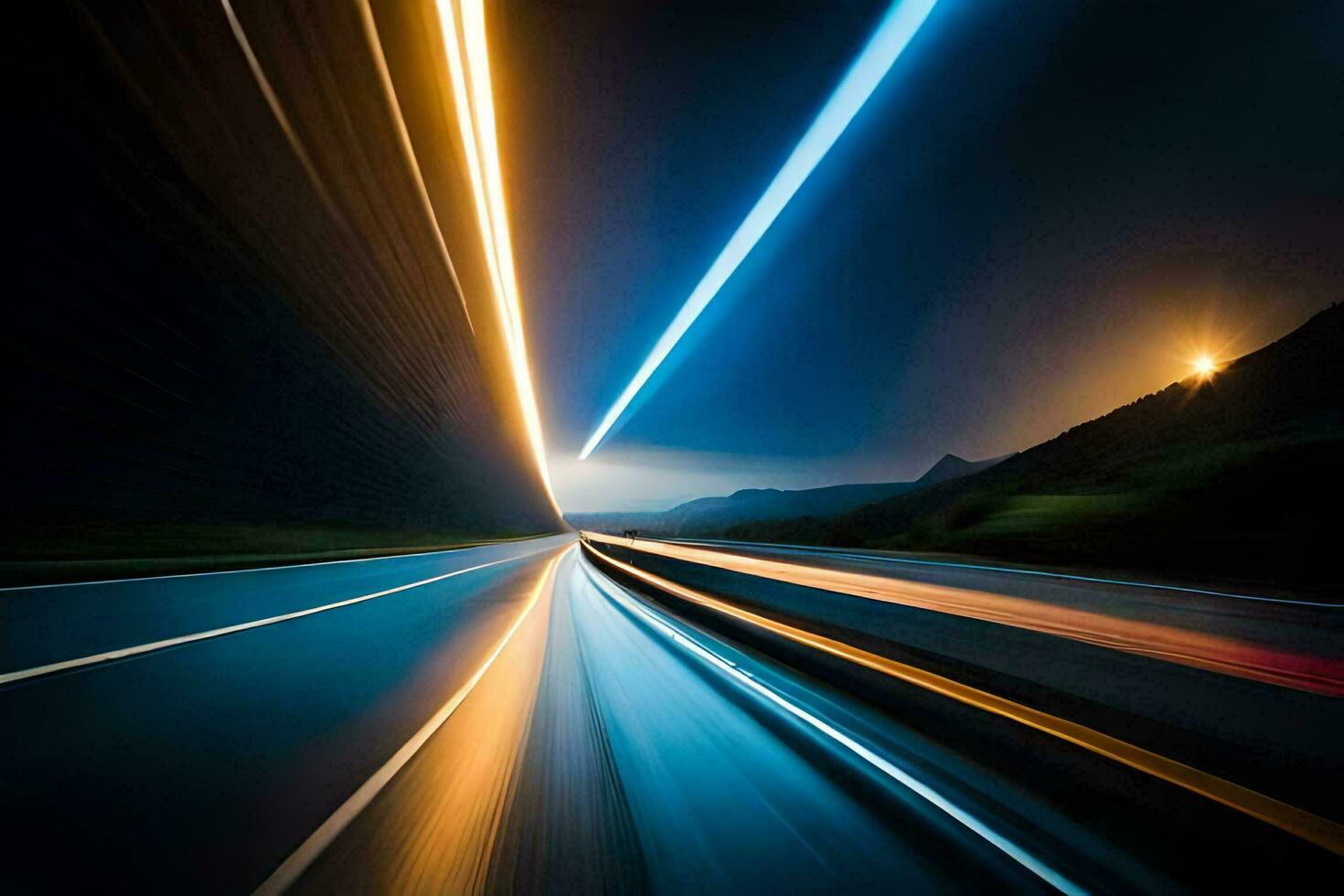 une longue exposition photographier de une Autoroute à nuit. généré par ai photo