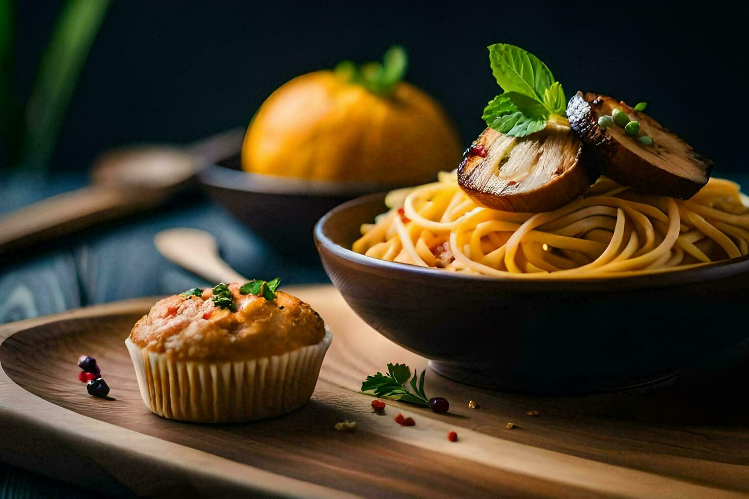 spaghetti avec champignons et une muffin sur une en bois tableau. généré par ai photo