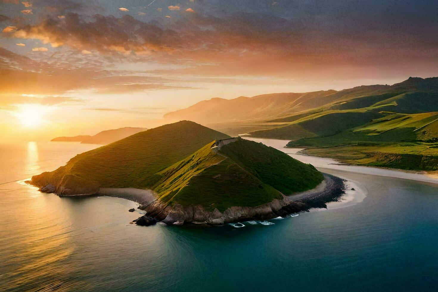 le Soleil ensembles plus de une petit île dans le milieu de le océan. généré par ai photo