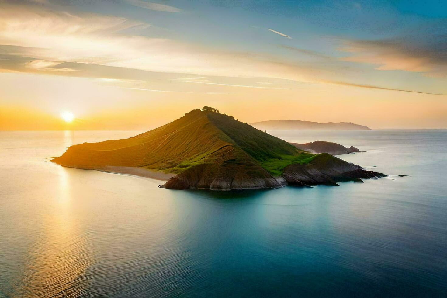 le île est entouré par l'eau et le Soleil est réglage plus de le océan. généré par ai photo