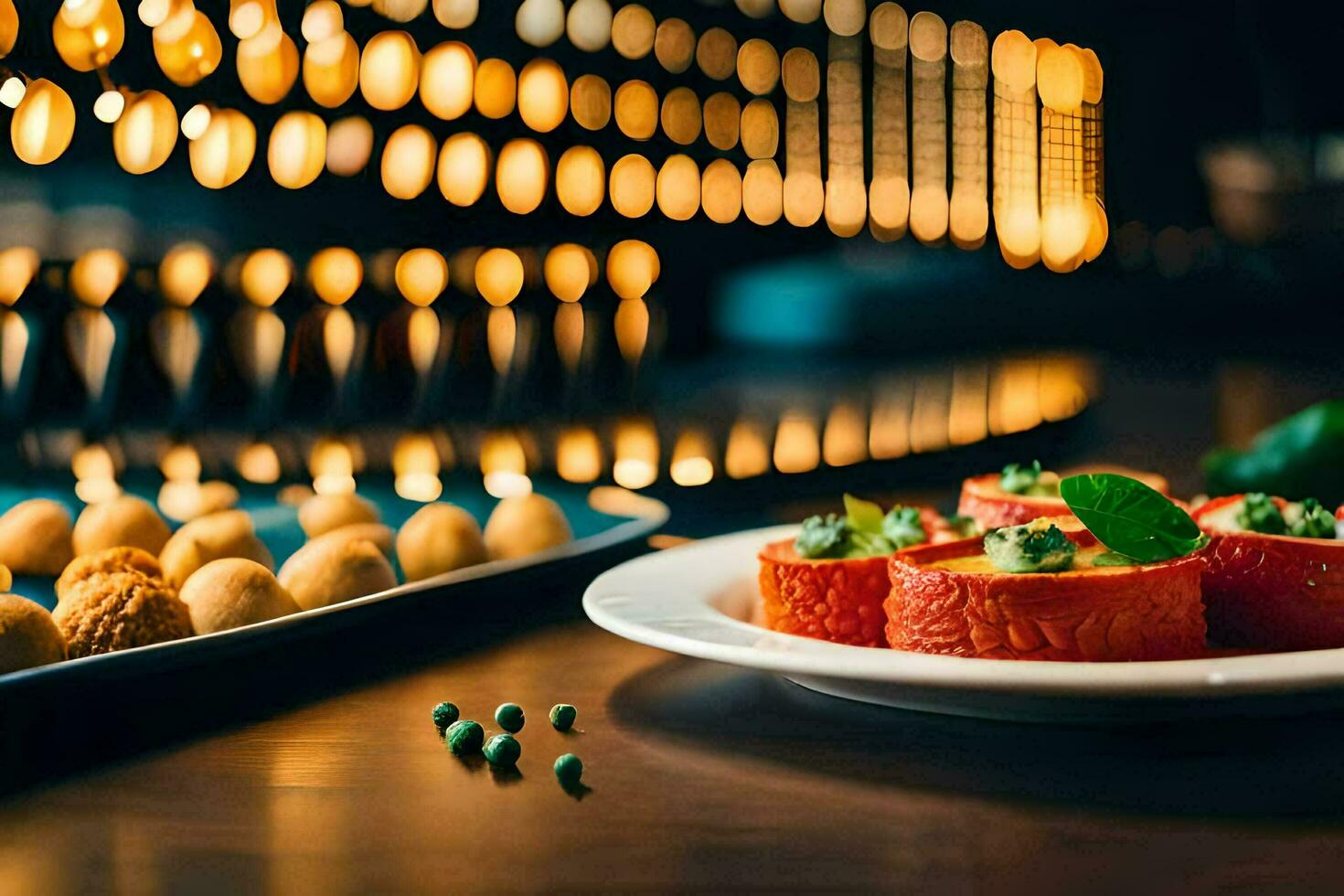 une assiette de nourriture séance sur une table avec bougies dans le Contexte. généré par ai photo