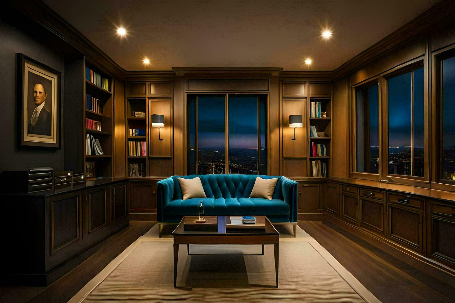 une pièce avec une bleu canapé et étagères. généré par ai photo