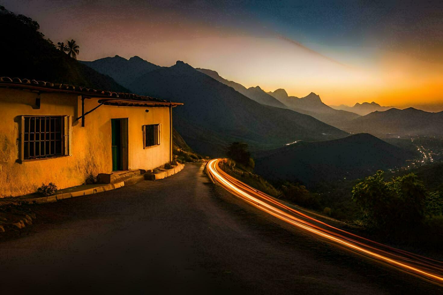 une maison est assis sur le côté de une Montagne à le coucher du soleil. généré par ai photo