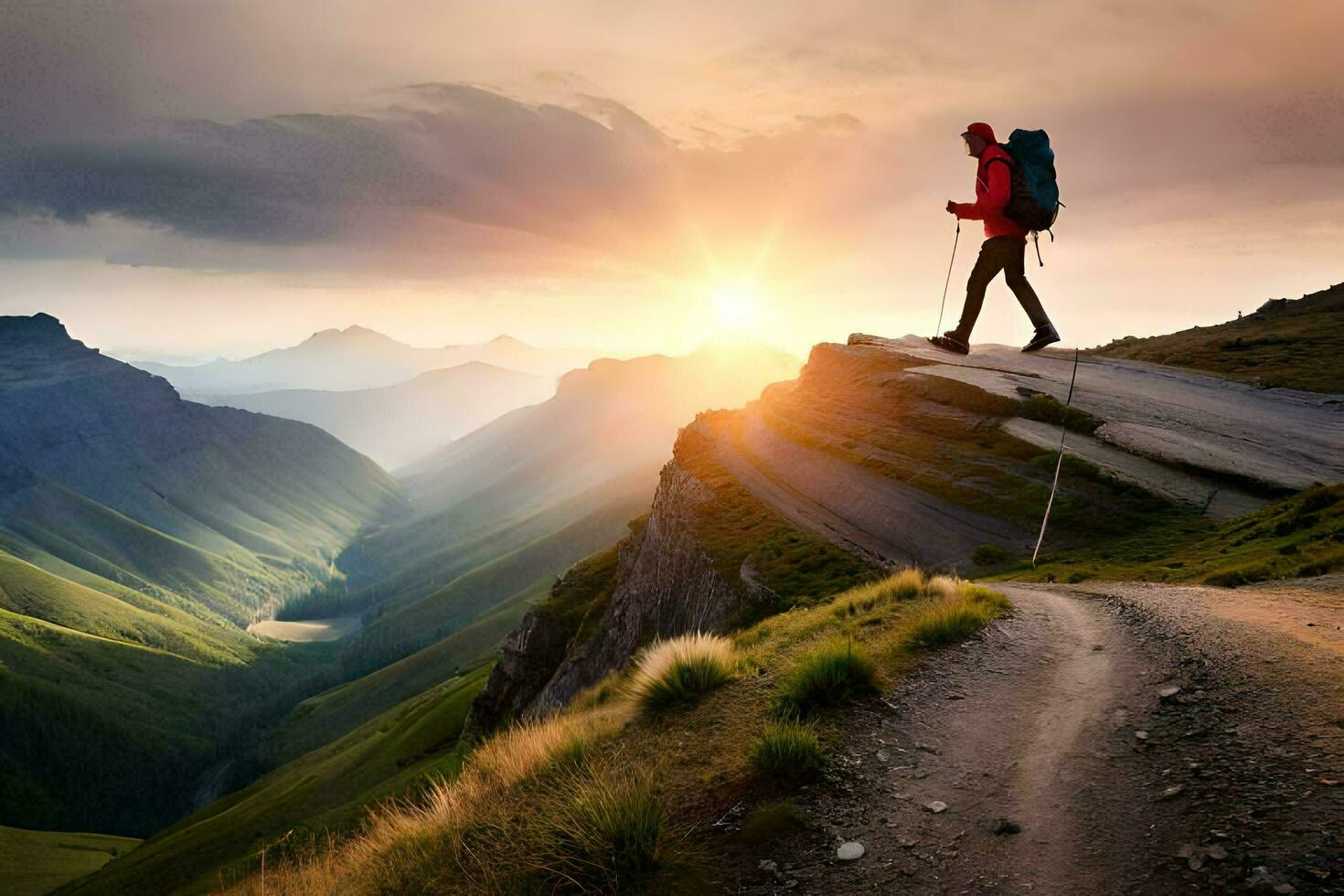 le homme avec sac à dos sur le Montagne. généré par ai photo