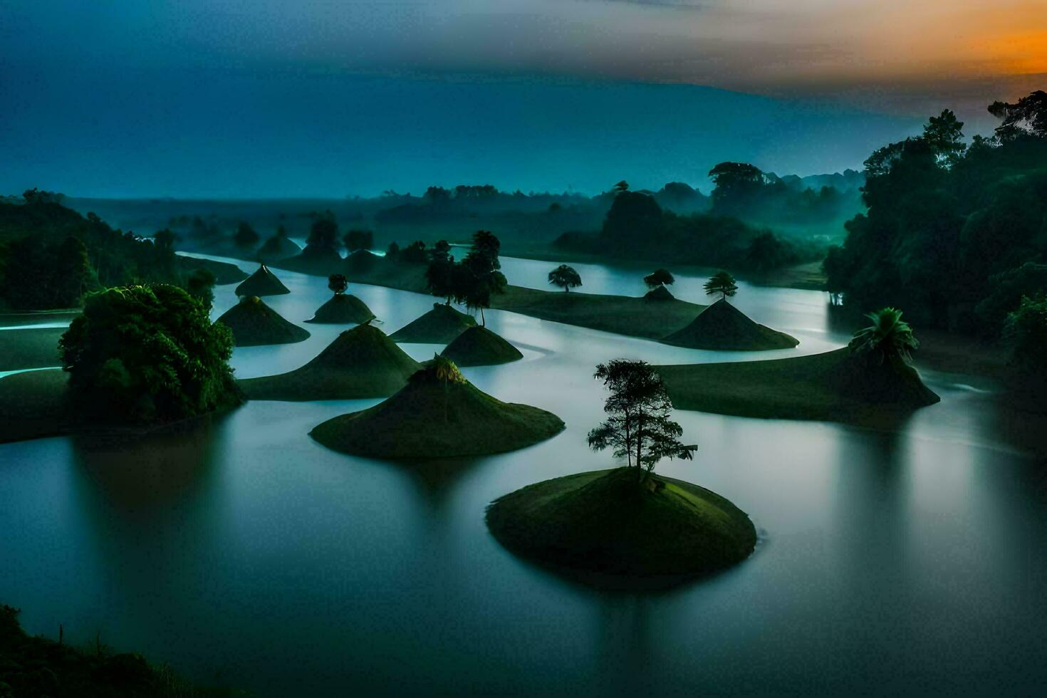 le Soleil ensembles plus de une rivière avec beaucoup petit îles. généré par ai photo