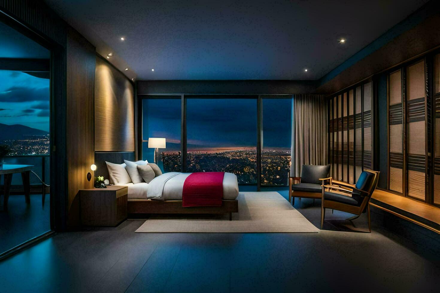 une chambre avec une vue de le ville à nuit. généré par ai photo