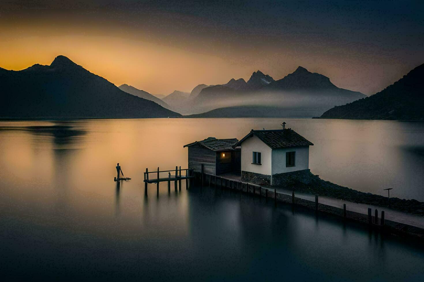 une maison sur le l'eau avec montagnes dans le Contexte. généré par ai photo