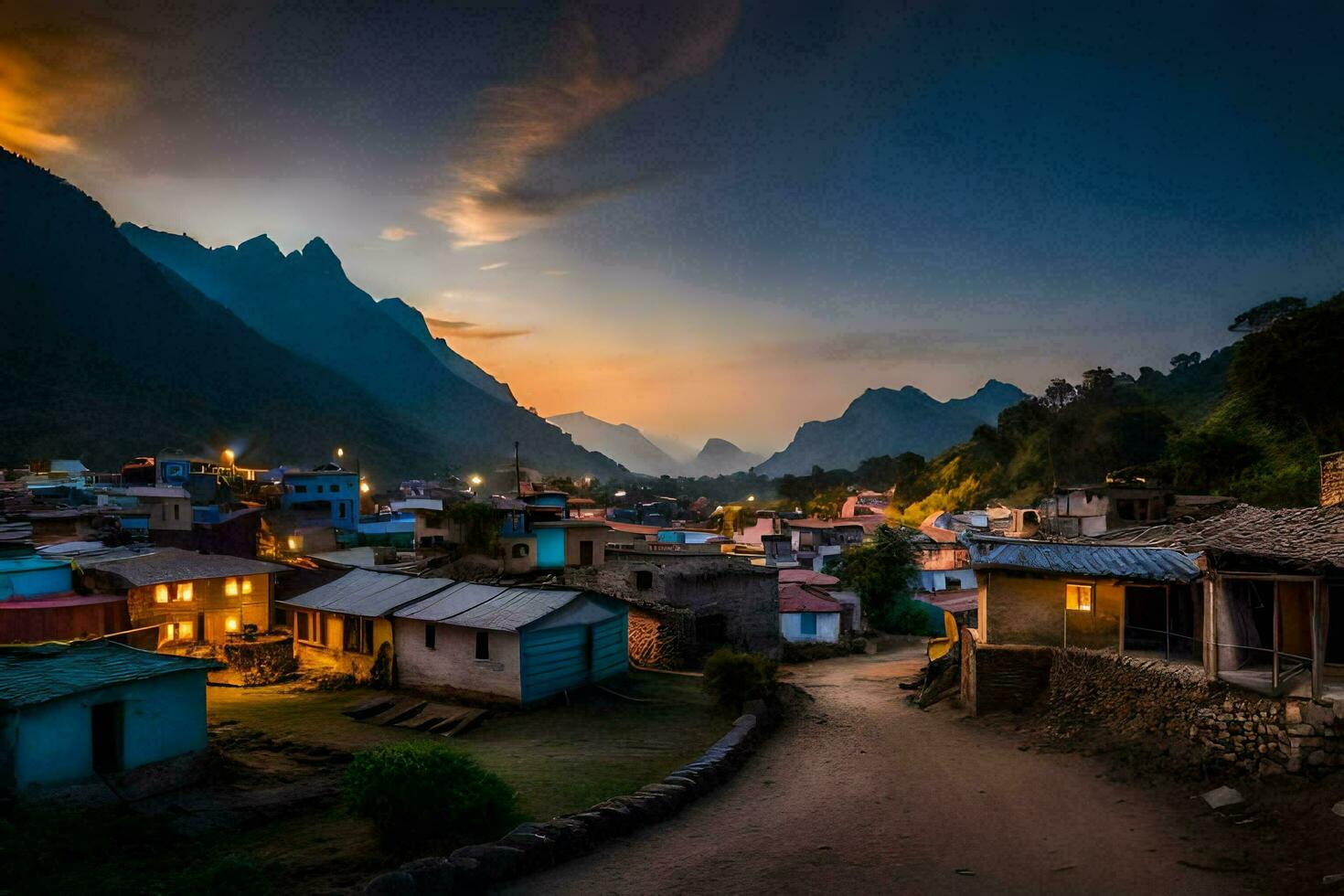 une village à crépuscule dans le montagnes. généré par ai photo