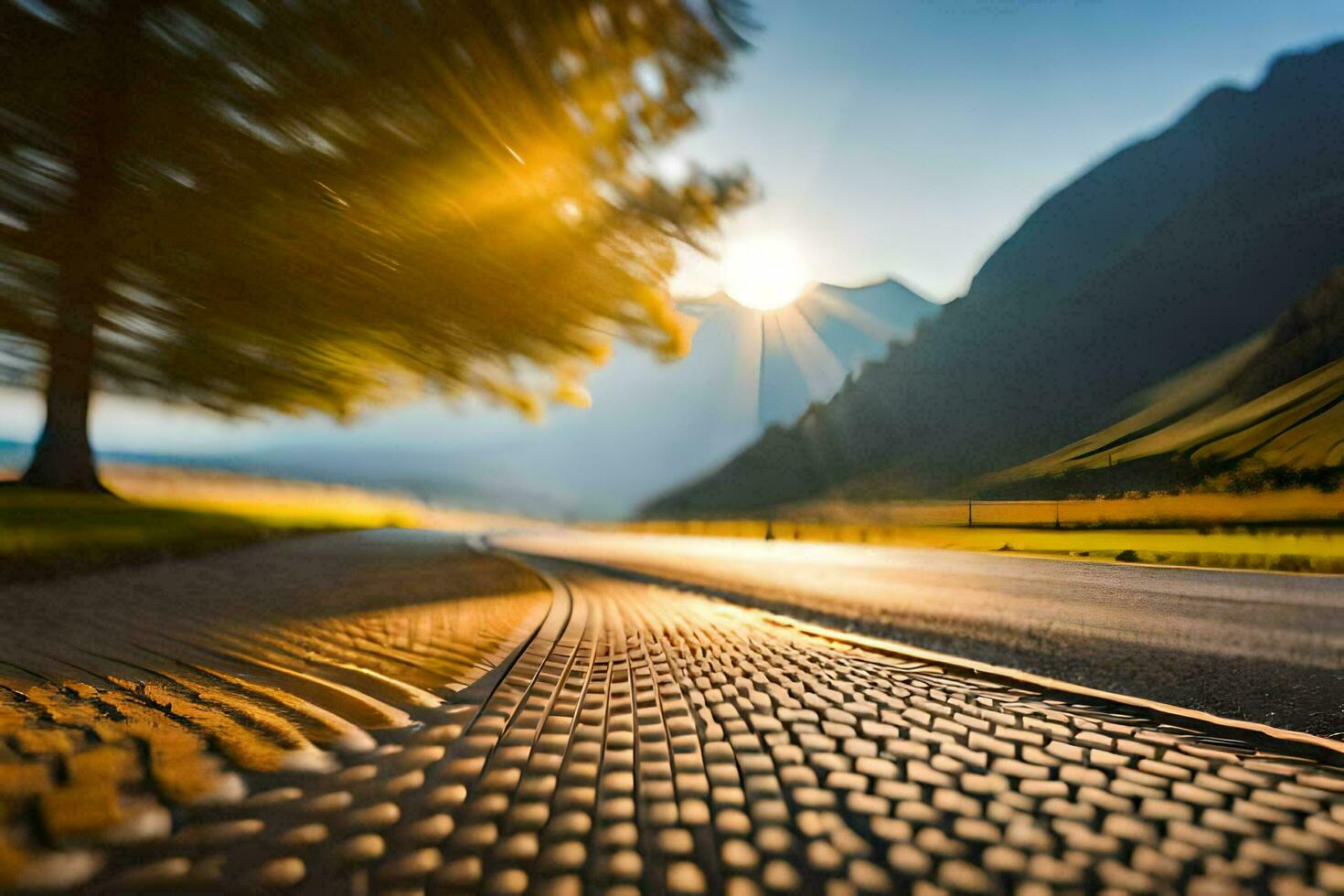 une route avec une arbre dans le premier plan et montagnes dans le Contexte. généré par ai photo