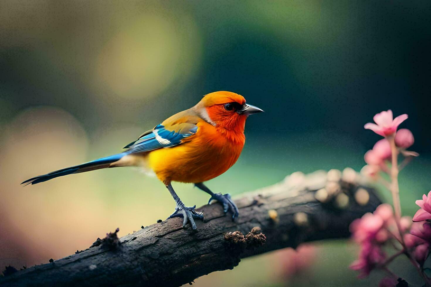 une coloré oiseau est assis sur une branche avec rose fleurs. généré par ai photo