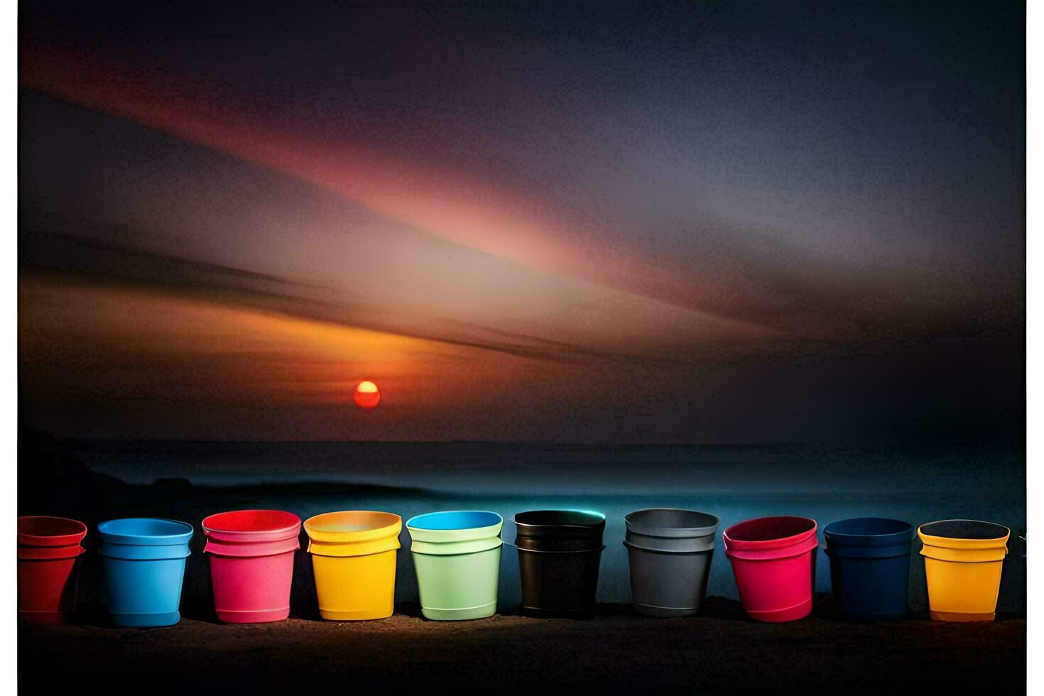coloré tasses doublé en haut contre le le coucher du soleil. généré par ai photo