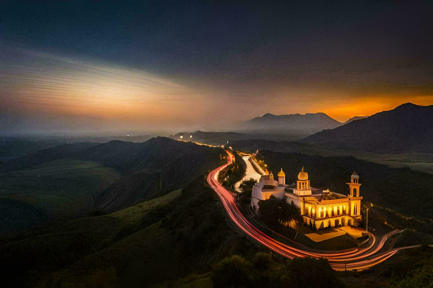 une église sur Haut de une colline avec une longue exposition photo. généré par ai photo