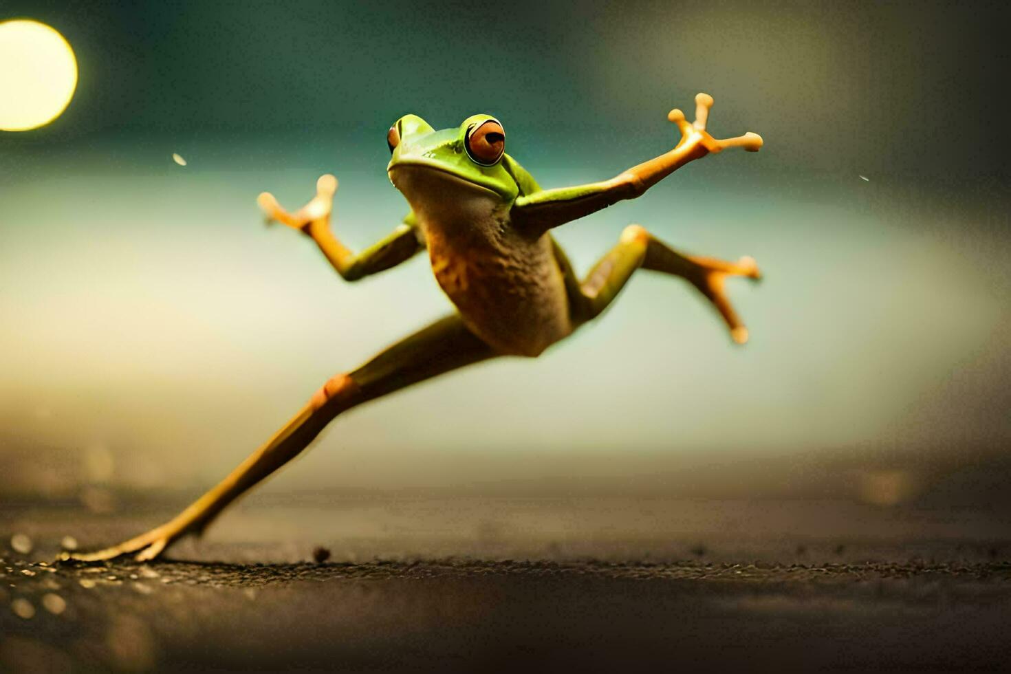 une grenouille sauter dans le air avec ses jambes diffuser. généré par ai photo